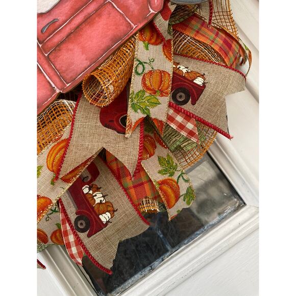 Red Pumpkin Truck Wreath, Rustic Farmhouse Mesh Ribbon Fall Autumn Wreath - Picture 4 of 7